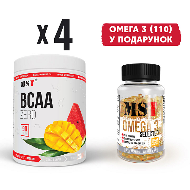 Набор BCAA Zero (4 x 540 g) + Omega 3 Selected (110 softgels) (540 g x 4) Green apple-mango watermelon-passionate peach  